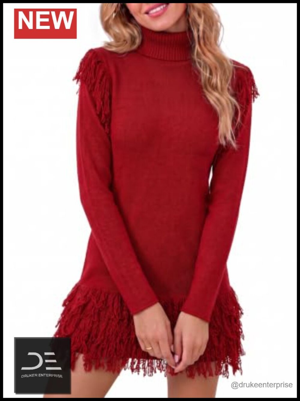Women's Fringe Turtleneck Sweater Dress Mini Bodycon Long Sleeve Knit